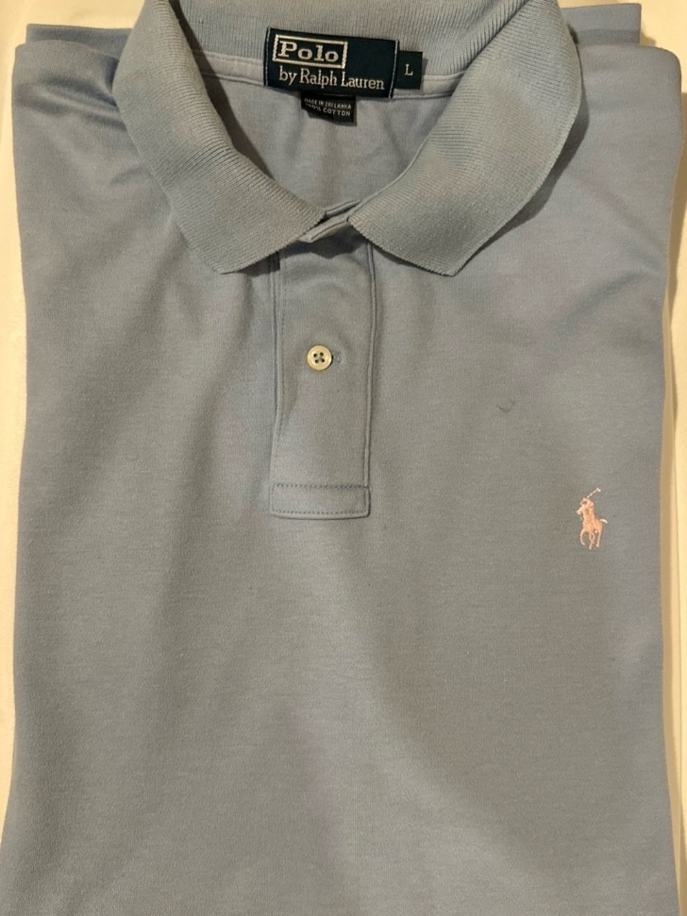 Polo by Ralph Lauren Men's light blue polo shirt with pink RL logo, size L